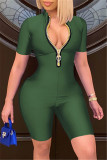 Blue Fashion Casual Solid Basic Zipper Collar Skinny Romper