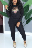 Black Fashion Casual Print Basic O Neck Long Sleeve Two Pieces