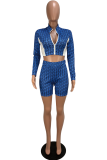 Blue Polyester Elastic Fly Long Sleeve High Patchwork Print Straight shorts Two-piece suit