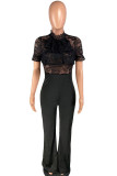 Black Fashion Sexy lace Solid Knitting Short Sleeve O Neck Jumpsuits