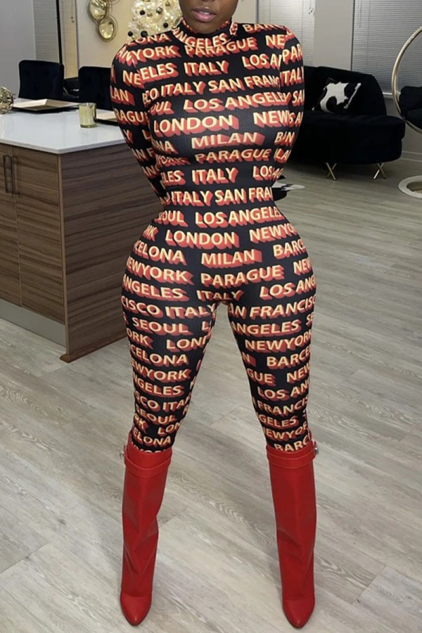 Red Sexy Print Patchwork O Neck Skinny Jumpsuits