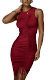 Wine Red Fashion Celebrities adult Ma'am Tank Sleeveless O neck Step Skirt Knee-Length Solid Draped Dresses