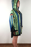 Multicolor Sportswear Print Patchwork Frenulum Hooded Collar Dresses