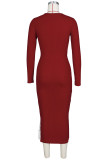 Red Sexy Solid Hollowed Out Split Joint Frenulum O Neck A Line Dresses