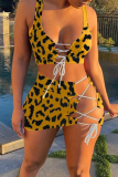 Coffee Sexy Leopard Hollowed Out Frenulum U Neck Sleeveless Two Pieces