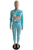 Light Blue Fashion Casual Print Basic O Neck Long Sleeve Two Pieces