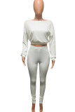 White Polyester Active Europe and America Street Solid Skinny Long Sleeve Two Pieces