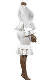 White Fashion Twilled Satin Solid Patchwork Flounce O Neck Pencil Skirt Plus Size 