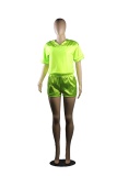 Fluorescent Green Sexy Solid Patchwork V Neck Short Sleeve Two Pieces