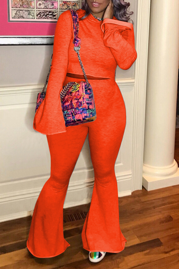 Tangerine Red Sexy Solid Patchwork O Neck Long Sleeve Two Pieces