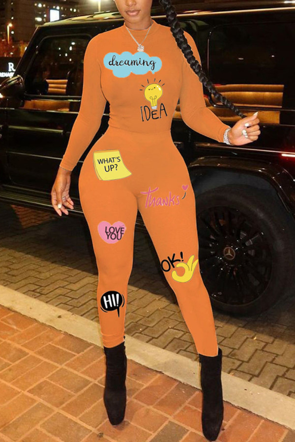 Orange Sexy Print Patchwork O Neck Long Sleeve Two Pieces