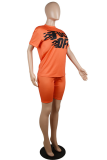 Tangerine Red Sportswear Print Letter O Neck Short Sleeve Two Pieces