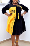 Yellow Casual Print Letter O Neck Pleated Dresses