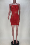 Red Fashion Sexy Solid Hollowed Out See-through Strapless Sleeveless Dress