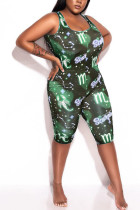 Green Chemical fiber blend Fashion Sexy Casual Slip Print Plus Size