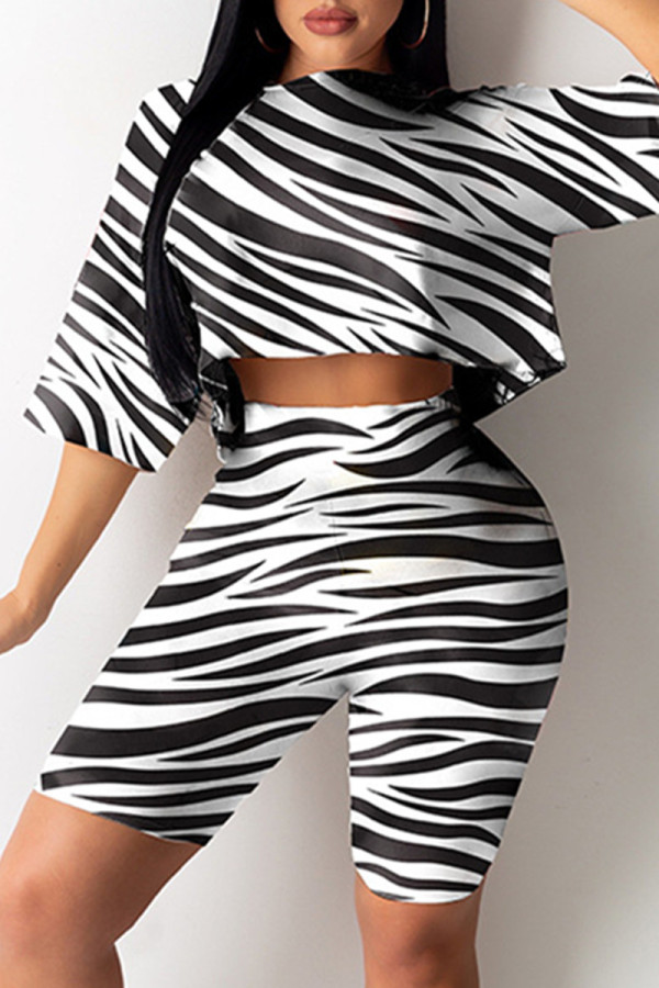 White Fashion Casual Print Basic O Neck Half Sleeve Two Pieces