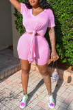 Pink Casual Solid High Opening V Neck Short Sleeve Two Pieces