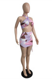 Multicolor Fashion Sexy Print Backless Halter Sleeveless Two Pieces