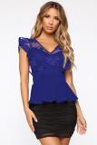 Colorful blue Polyester V Neck Sleeveless Embroidery Solid Mesh Patchwork