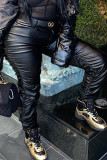 Black Sportswear Solid Fold Boot Cut Mid Waist Bottoms