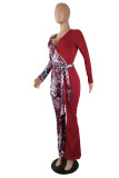 Wine Red Fashion Sexy bandage Patchwork serpentine Print Long Sleeve V Neck Jumpsuits