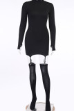 Black Sexy Solid Patchwork O Neck Long Sleeve Mini Pencil Skirt Dresses