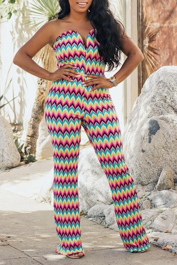 Multicolor Sexy Print Patchwork Off the Shoulder Straight Jumpsuits