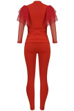 Red Fashion Casual Adult Solid Patchwork See-through O Neck Long Sleeve Hubble-Bubble Sleeve Regular Two Pieces