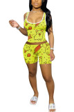 Yellow Milk Silk Fashion Casual adult Ma'am Print Two Piece Suits pencil Sleeveless Two Pieces