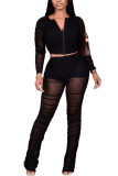 Black Street Solid See-through Fold O Neck Long Sleeve Regular Sleeve Short Two Pieces