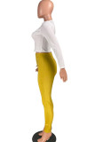 Yellow Fashion Casual Adult Solid Patchwork U Neck Long Sleeve Regular Sleeve Regular Two Pieces