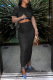 Black Sexy Solid Patchwork O Neck Short Sleeve Two Pieces