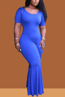 Color blue Polyester Fashion Sexy O Neck Solid Plus Size