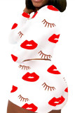 White Fashion Casual Sweet V Neck Print Lips Print Plus Size