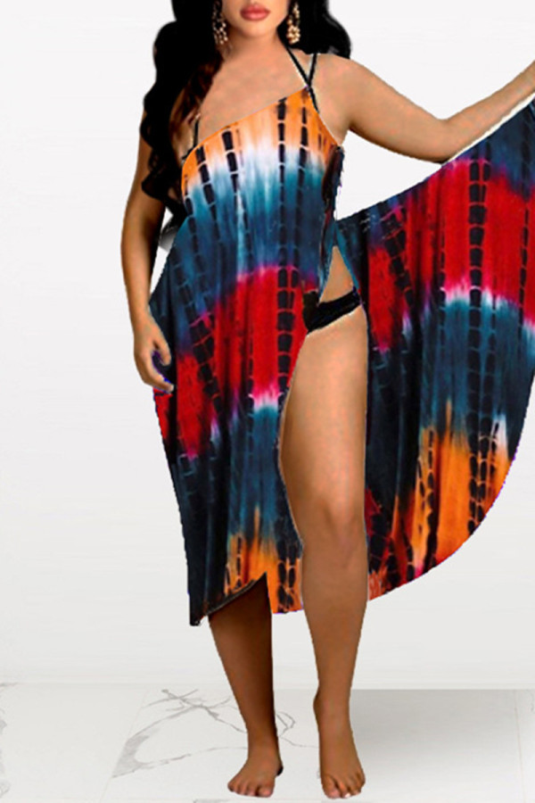 Orange Fashion Sexy Tie-dye Print Backless Beach Dress