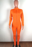 Orange Fashion Casual Solid zipper Polyester Long Sleeve O Neck Jumpsuits