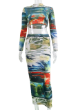 Multicolor Casual Print Patchwork Half A Turtleneck Long Sleeve Two Pieces