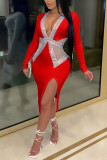 Red Fashion Sexy Patchwork Split Joint V Neck Evening Dress