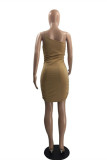 Brown Fashion Sexy Solid Backless Fold One Shoulder Sling Dress