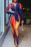 Multicolor Sexy Print Slit V Neck Long Sleeve Dresses