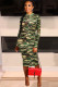 Green Polyester Europe and America Cap Sleeve Long Sleeves O neck Step Skirt Mid-Calf Patchwork Solid Prin