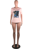 Pink Casual Print Patchwork O Neck Short Sleeve Two Pieces