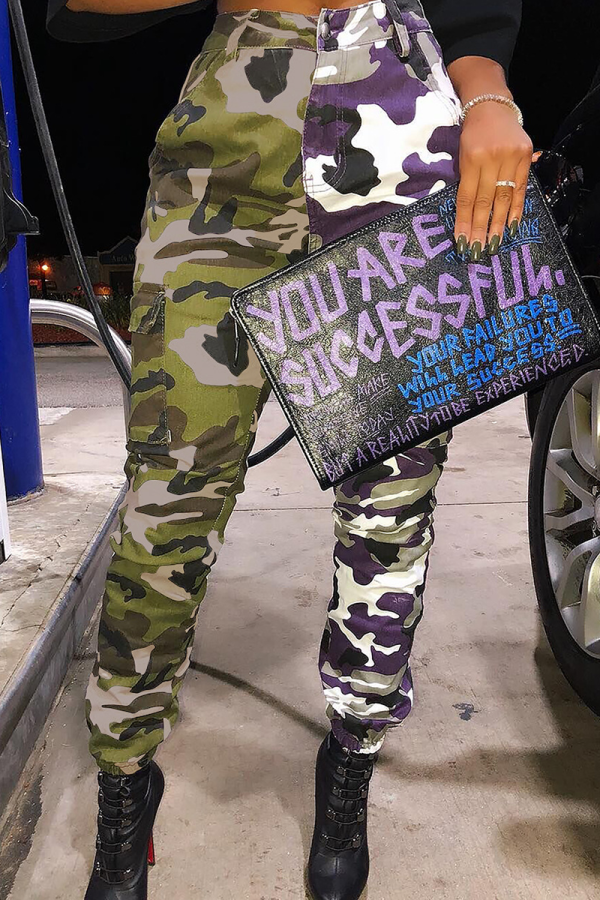 Army Green Casual Camouflage Print Patchwork Harlan High Waist Harlan Bottoms