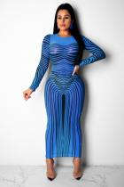 Blue Polyester Fashion Sexy Cap Sleeve Long Sleeves O neck Pencil Dress Ankle-Length Print Patchwork