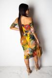 Yellow Polyester Fashion Sexy Print Patchwork A-line skirt Two-Piece Dress