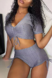 Grey Sexy Solid Patchwork Draw String V Neck Short Sleeve Two Pieces