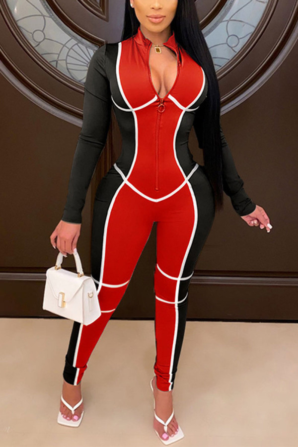 Red Casual Solid Without Belt O Neck Regular Jumpsuits
