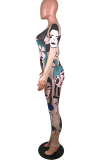 Multicolor Sexy Print Patchwork O Neck Skinny Jumpsuits