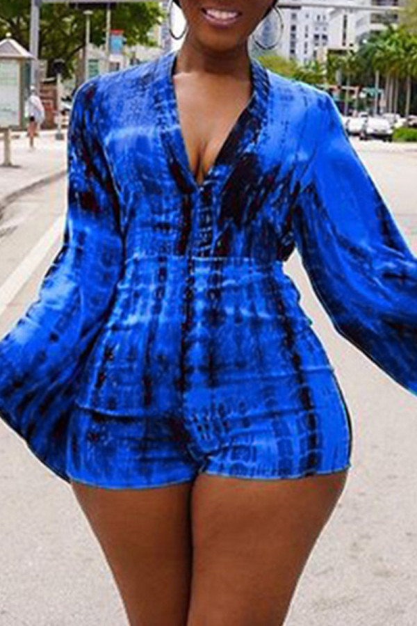 Blue Fashion Casual Print Basic V Neck Regular Long Sleeve Romper