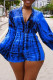 Blue Fashion Casual Print Basic V Neck Regular Long Sleeve Romper